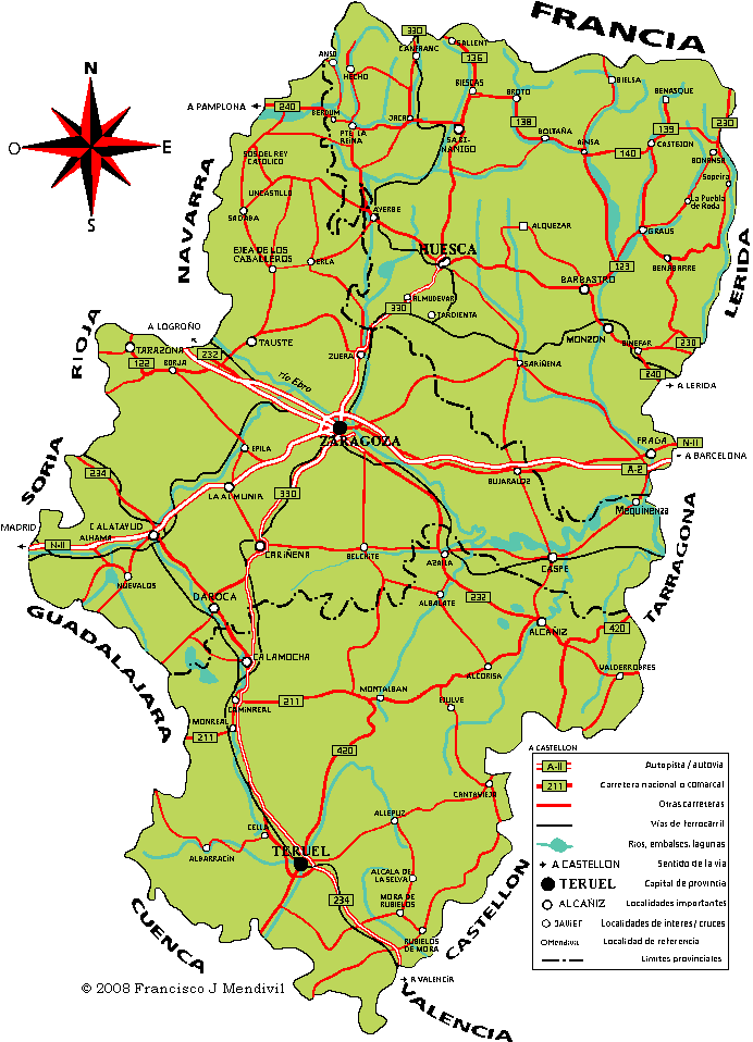 Road map of Aragon