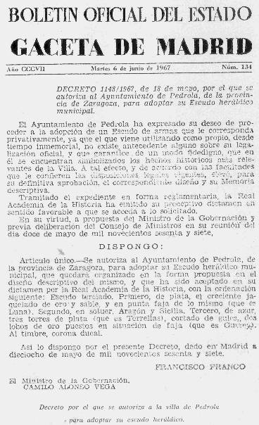Escudo municipal de Pedrola BOE